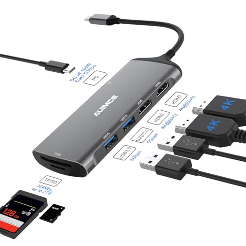 USB-C Docking Station Dual Monitor 2 HDMI 4K@60Hz, 7 in 1 USB C Hub Multiport Hdmi Splitter Adapter, 100W PD Port, 2X USB 3.0, SD/TF Card Reader, Portable Aluminum Dock for Windows Laptops