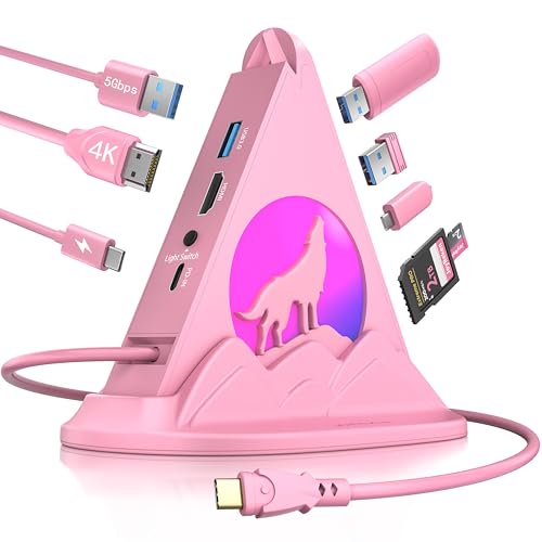 USB C Hub, Pink 8-in-1 Type C Multiport Adapter with 4K@60Hz HDMI, 100W PD, 5Gbps 1xUSB-C, 3xUSB-A 3.0, SD/TF Slots ＆ RGB Lighting, Pink USB Hub for MacBook Air/Pro, iPad, iMac, Surface, XPS - color: 2-Pink Wolf With Base
