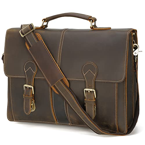 Polare 16" Full Grain Leather Messenger Bag Laptop Briefcase Bag Professional Work Bag For Men with YKK Zippers - color: Dark Brown