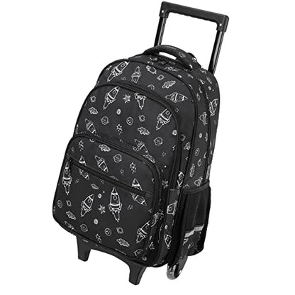 VASCHY Rolling Backpack Kids, 17in Water Resistant Large Schoolbag Carry-on Travel Trip Bag with Wheels for Boys Rockets