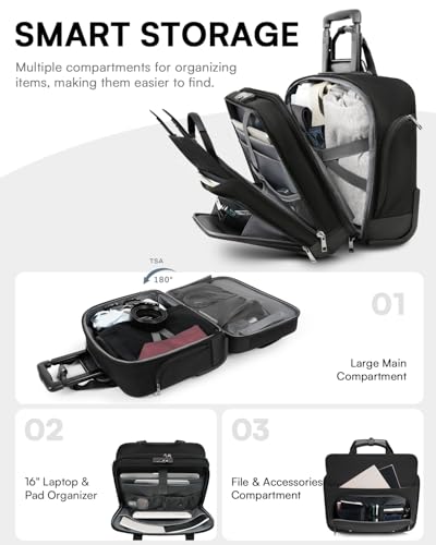 Rolling Laptop Bag, Briefcase for Men and Women, 16 Inch Computer Bag with Wheels Underseat Carry on Luggage, Laptop Briefcase Case for Work, Travel, College Teacher, Mobile Office Bag, Black - color: Black