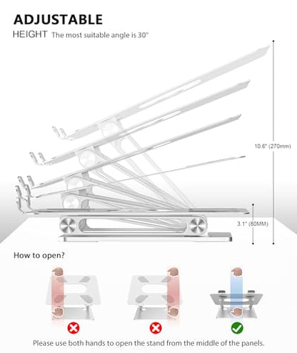 BoYata Laptop Stand, Adjustable Multi-Angle Riser, Up to 17 Inches, Silver | Sturdy Alloy Steel, Heat-Vent Design and Silicone Pads Support Laptops up to 17 Inches, Including MacBook and Surface - color: Silver
