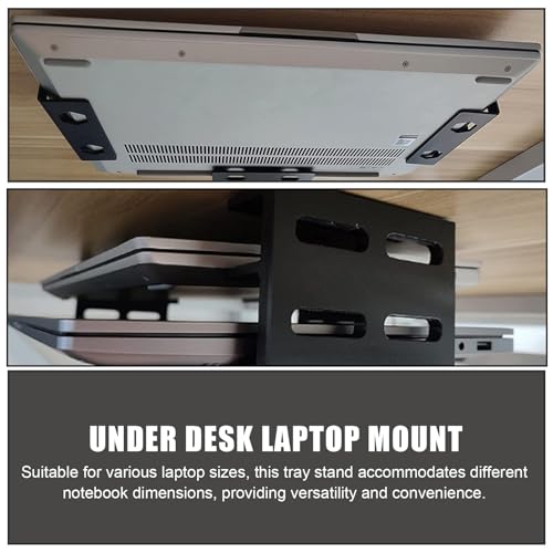 Cabilock Desk Laptop Mount Metal Bracket with Screws Double Layer Storage Stand for Keyboard and Network Switcher, Universal Black Laptop Holder for Home and Office Use