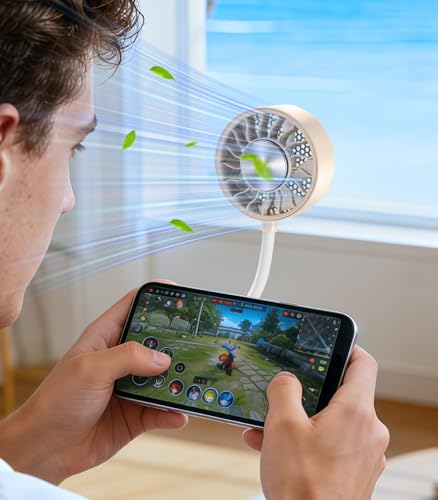 Magnetic Phone Fan with Ice Cooling, 3-in-1 Clip on Fan | Phone Stand, Rechargeable Mini Handheld Fan, 360° Flexible Gooseneck Portable Fan for Cruise Travel Desk Gym Makeup（Beige） - color: Beige