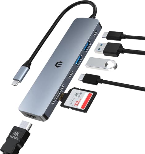 7 IN 1 USB C Adapter, 4K HDMI, USB C 3.0, 2 USB 3.0, 100W PD, SD/TF Card Reader, Compatible with Thunderbolt 3, MacBook Pro/Air, Windows and Other Type C Devices