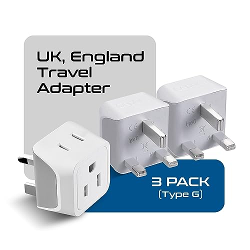 Ceptics UK Travel Plug Adapter, 2 in 1 Type G Adapter, US to UK Adapter, Ireland, Dubai Travel Adapter with Dual USA Inputs, CE, RoHS - HK Outlet Adapter, 3 Pack | Type G Adapter for Travel, US to UK Plug Adapter with 2 USA Outlet, UK Travel Adapter, CE &