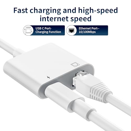 USB C to Ethernet Adapter, 2 in 1 RJ45 Ethernet LAN Network Adapter | Compatible with iPhone 17/16/15/New iPad and USB C Devices, Plug and Play, Supports 100Mbps Ethernet Network - size: USB-C to RJ45
