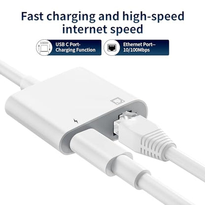 USB C to Ethernet Adapter, 2 in 1 RJ45 Ethernet LAN Network Adapter | Compatible with iPhone 17/16/15/New iPad and USB C Devices, Plug and Play, Supports 100Mbps Ethernet Network - size: USB-C to RJ45
