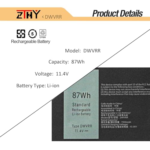 DWVRR Battery Replacement for Dell Inspiron 16 7620 2-in-1 Alienware X15 R1 | Alienware X15 R2/ Alienware X17 R1 R2 P111F P111F001 P111F003 P48E001 P48E002 P119F P119F001 0017GN NR6MH 817GN 11.4V 87Wh - size: 12.80*3.46*0.24 inch DWVRR