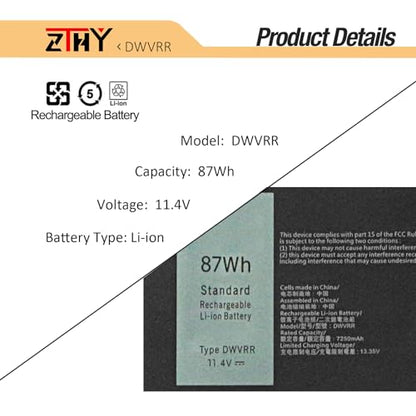 DWVRR Battery Replacement for Dell Inspiron 16 7620 2-in-1 Alienware X15 R1 | Alienware X15 R2/ Alienware X17 R1 R2 P111F P111F001 P111F003 P48E001 P48E002 P119F P119F001 0017GN NR6MH 817GN 11.4V 87Wh - size: 12.80*3.46*0.24 inch DWVRR