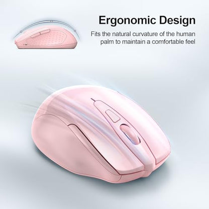 TECKNET Wireless Mouse (2.4G & BT5.0/3.0) Silent 4800 DPI Computer USB A & Bluetooth Mouse 6 Buttons, Wide Compatibility - Pink - color: Pink