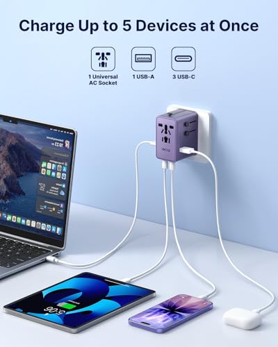 VINTAR 70W GaN Universal Travel Adapter, 5 in 1 with 3 USB-C PD& 1 USB-A QC | International Power Adapter with 70W GaN Fast Charging, All-in-one for EU UK USA AUS, Worldwide Travel Essentials, Purple - color: 70W Purple