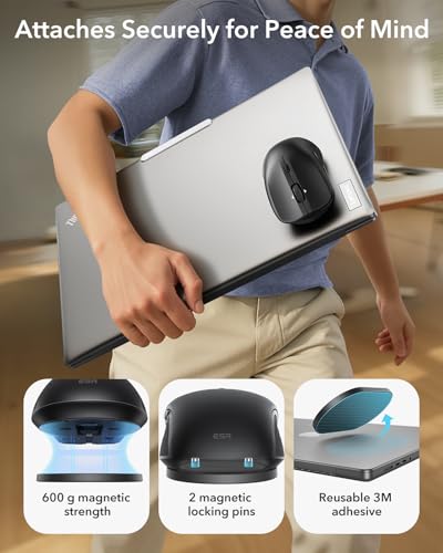 ESR MagMouse Snap-to-Carry Bluetooth Mouse, Rechargeable Wireless Mouse for Laptop with Built-in Charging Cable, Reusable Adhesive Holder, BT 5.0 + 2.4 GHz Connectivity, Silent, Ergonomic, Black - color: Black