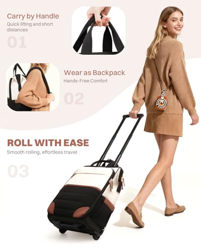Rolling Puffer Backpack for Women, Travel Backpack with Wheels, 16 Inch Wheeled Laptop Backpck, Dual-Opening Design Overnight College Underseat Carry on Luggage, Roller Business Work Bag, Beige Brown - color: Beige Brown