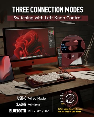 RK ROYAL KLUDGE M100 Wireless Mechanical Keyboard w/Screen & Dual Knobs, Tri-Mode Gasket Mount Gaming Keyboard with Number Pad, Hot Swappable Cream Switch, Red - color: Red