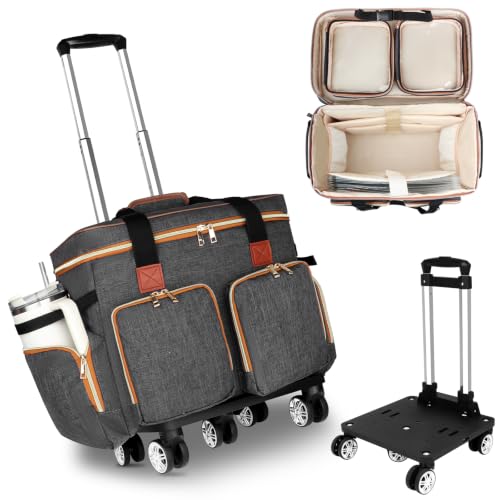Rolling Teacher Tote Bag with Detachable Trolley, 5-Wheeled Teacher Bag with 15.6 inch Laptop Compartment& Accordion File Organizer, Multifunctional Rolling Briefcase for Teaching& Office