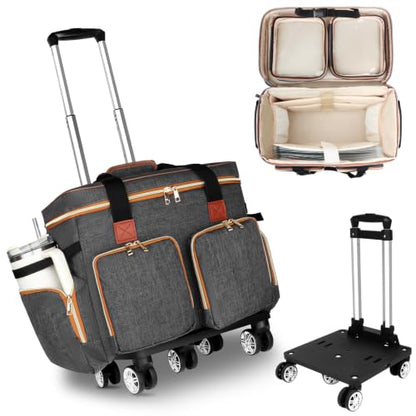 Rolling Teacher Tote Bag with Detachable Trolley, 5-Wheeled Teacher Bag with 15.6 inch Laptop Compartment& Accordion File Organizer, Multifunctional Rolling Briefcase for Teaching& Office