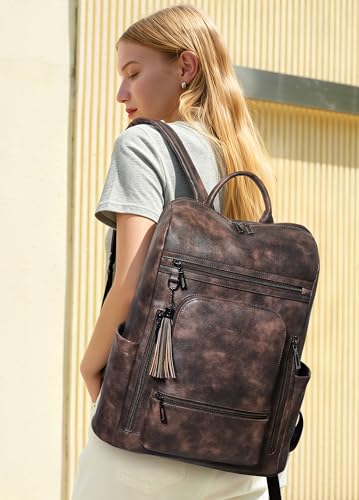 Shrrie Upgraded Large Travel Laptop Backpack with Laptop Compartmetn Fits 17 inch Laptop,Waterproof Vegan Leather Computer Backpack for Women and Men Work Business College - color: Two-toned Coffee
