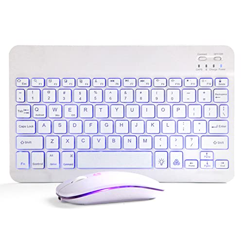 Bluetooth Keyboard and Mouse Combo for iPad - Rechargeable Wireless Keyboard & Mouse with 7-Color Backlit Compatible with iPad 9th/8th Gen, iPad Pro/Air/Mini, iPhone14/13/12 Pro, White - color: white