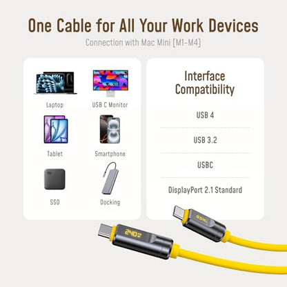 AOHI USB4 2.0 Cable with LED Display 6.6ft, 240W PD3.1 Fast Charging, 80Gbps Data Transfer, Dual 8K Display, The Future Adonis USB C Cable for MacBook Pro/iPhone 17 Pro Max/Galaxy/SSD/Docking, Yellow