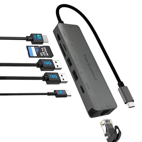 Kiwee Broadband 7-in-1 USB-C Hub with 5Gbps Ethernet, 100W PD Charging, 4K HDMI, 2 USB-A 3.2 Ports, SD/MicroSD Card Reader, Universal Dock for MacBook, Windows Laptop, iPad, Chromebook (KB-USBC-5GH7)