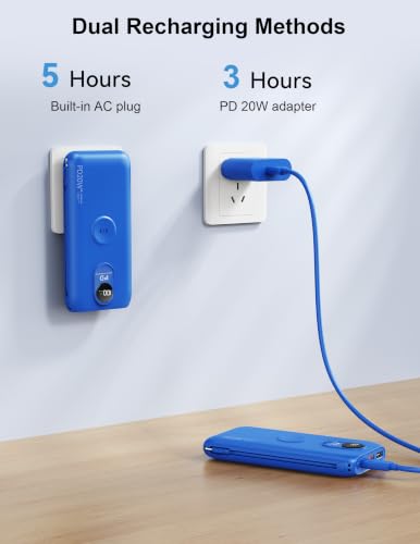 Portable Charger 10000mAh 20W, Wall Plug, 2 Cables, iWatch Charging | Digital Display, Compact Lightweight, USB C Fast Charge, USB-A 18W, Multi Protection, Travel Essential, for iPhone 17 16, Pad - color: Sapphire Blue