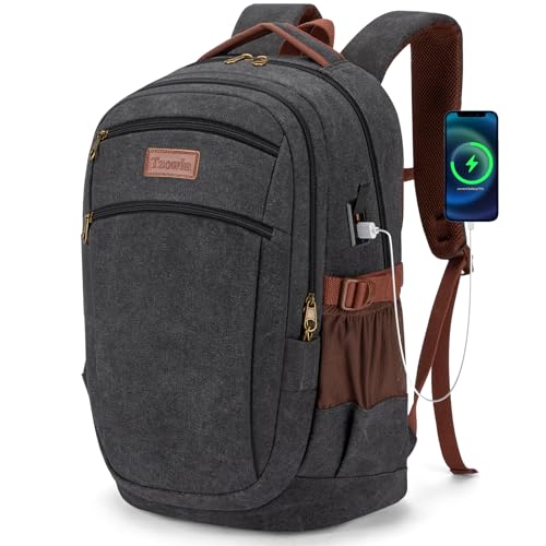 Tzowla Vintage Canvas Laptop Backpack for Men and Women,College Travel Work Rucksack with USB/Type-C Charging Port,Lightweight Bookbag Hiking Casual Daypack Backpacks Fit 15.6 Inch Notebook(Black) - color: Black, size: 15.6inch