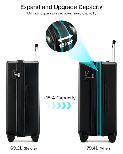 Hanke 24 Inch Expandable Checked Luggage, Hard Shell with Side Hook | PC Hard Shell, Medium Check in Luggage, Separate Wet Pocket, 8 Spinner Wheels, Family Travel, 5-7 Day Trips - color: Jet Black, size: 24 Inch EXT