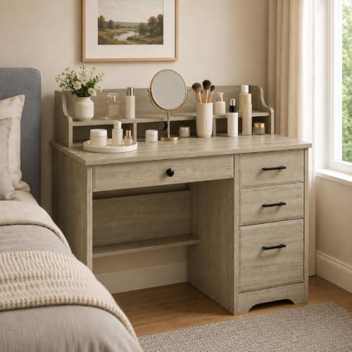 4 EVER WINNER Computer Desk with Drawers, Small Desk with Monitor Stand and File Drawer, Wood Desk with Storage, Writing Desk for Bedroom Home Offic, Grey - color: Grey