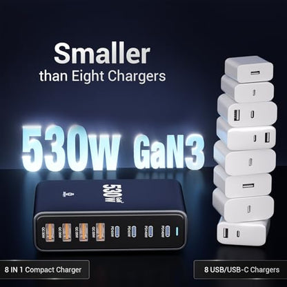 530W USB C Charging Station, 8-Port Desktop Charger, PD 140W PD 65W QC 30W GaN Ⅲ Fast USB Charger Block for MacBook, Ipad, iPhone, Samsung - color: 530W