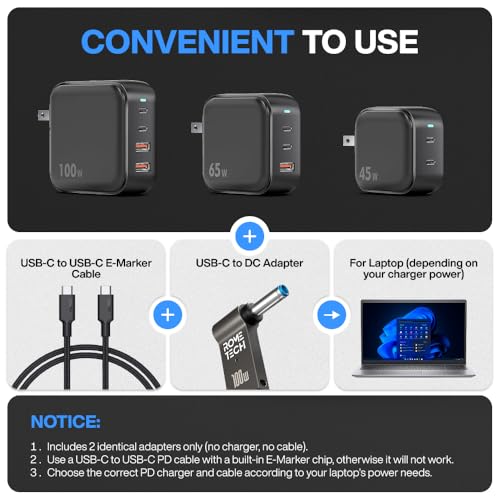 USB C to DC Adapter, Type C to DC with Built-in PD and E-Mark Smart Chip for HP, Input 19.5V ⎓ 3.33A, with 4.5×3.0 mm Plug, USB C to Laptop Charger (2-Pack)