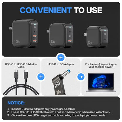 USB C to DC Adapter, Type C to DC with Built-in PD and E-Mark Smart Chip for HP, Input 19.5V ⎓ 3.33A, with 4.5×3.0 mm Plug, USB C to Laptop Charger (2-Pack)