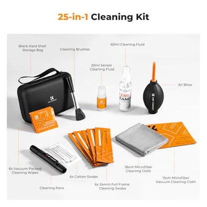 K&F CONCEPT 25 in 1 Camera Cleaning Kit, Full Frame Lens and Sensor Cleaner | 24mm Vac-Sealed Swabs,Lens Pen,60 and 20ML Lens Cleaner,Cloth,Blower,Hard Case, for Canon Nikon Sony DSLR Mirrorless,MK02 - size: 24mm