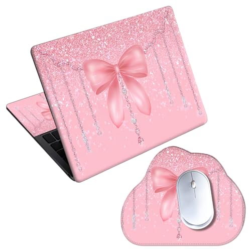 Laptop Skin Sticker Decal 15-15.6 Inch with Cute Mouse Pad, Universal Reusable Vinyl Sticker for 12.1 13 13.3 14 15.4 Inch Netbook and Notebook PC, Pink Glitter Bow - color: Pink Glitter Bow