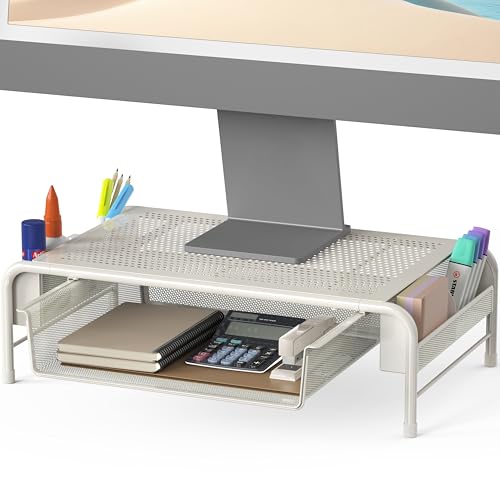 Simple Houseware Metal Desk Monitor Stand Riser with Organizer Drawer, White - color: White
