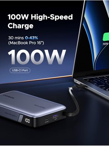 UGREEN Nexode Power Bank, 20000mAh 145W Laptop Portable Charger with Built-in USB-C Cable 72Wh Fast Charging Business Travel Battery Pack for MacBook Pro/Air/ipad/iPhone 17/Samsung S25/Dell/HP/Lenovo
