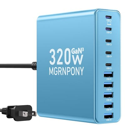 320W USB C Charger Block, 10-Port GaN USB C Charging Station Light Blue | PD 65W Laptop Fast Charger Adapter for MacBook Pro/Air, DELL, iPad, iPhone, Samsung Galaxy - color: Light Blue