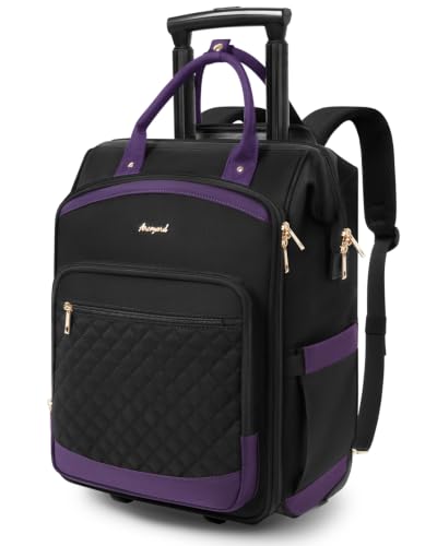 Rolling Backpack for Women, Travel Backpack with Wheels, Dual-Opening Wheeled Laptop Backpack, Stylish Rolling Laptop Bag, Overnight Underseat Carry on Luggage for College Business Work, Black Purple - color: Black Purple, size: Standard