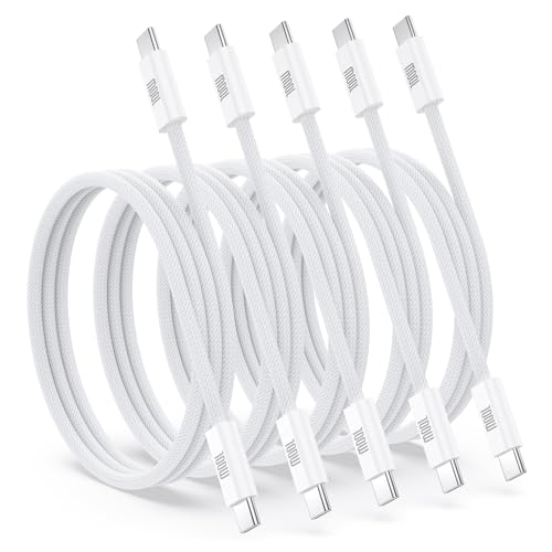 100W USB C to USB C Cable, 5-Pack 3ft Fast Charging Cord for MacBook Pro/Air Charger 20V 5A Woven Type C Phone Charger Data Transfer for iPhone 17 16 Pro Max 16e 15 iPad Pro Air5 Mini Laptop - color: White, size: 3ft