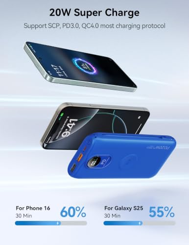 Portable Charger 10000mAh 20W, Wall Plug, 2 Cables, iWatch Charging | Digital Display, Compact Lightweight, USB C Fast Charge, USB-A 18W, Multi Protection, Travel Essential, for iPhone 17 16, Pad - color: Sapphire Blue