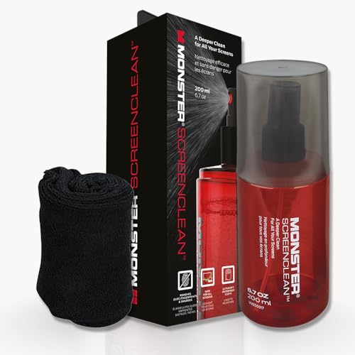 Monster Screen Cleaner Kit with Microfiber Cloth, 6.7 oz (200 mL) Monitor Cleaning Spray for HDTVs, Laptops, Tablets, Smartphones and Eyeglasses, White/Black/Red