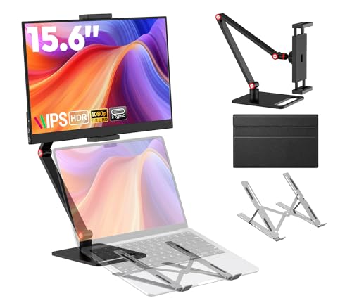 15.6” Portable Monitor with Adjustable Stand, 1080P FHD IPS Screen Extender, Laptop Stand & Smart Cover Included, Ultra Slim Travel Monitor with Eye Protection, Plug and Play for Laptop/PC/Mac - color: dark black