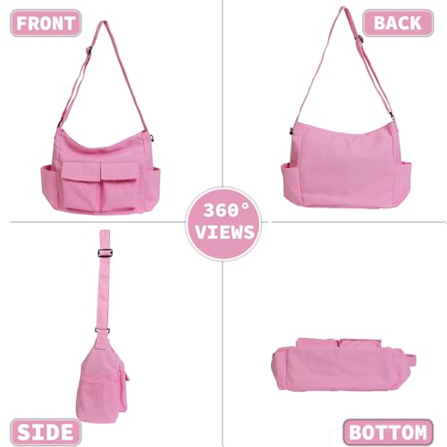Canvas Messenger Bag Large Hobo Crossbody Bag with Multiple Pockets Casual Shoulder Tote Bag for Women and Men - color: Pink