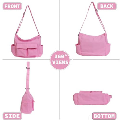Canvas Messenger Bag Large Hobo Crossbody Bag with Multiple Pockets Casual Shoulder Tote Bag for Women and Men - color: Pink