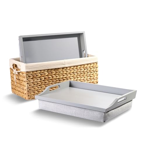 ROSSIE HOME Wood Bed Tray Lap Desk - Set of Two - with Hyacinth Storage Basket - Calming Gray - Fits up to 15.6 Inch Laptops - Style No. 70105 - color: Calming Gray, style: 2-Pack with Basket