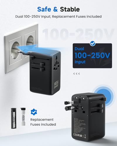 DOACE 140W GaN Universal Travel Adapter with USB-C Cable | 6-in-1 Design, USB-C PD Fast Charging, EU/UK/US/AU Plug Support, Worldwide Compatibility - color: Obsidian Black