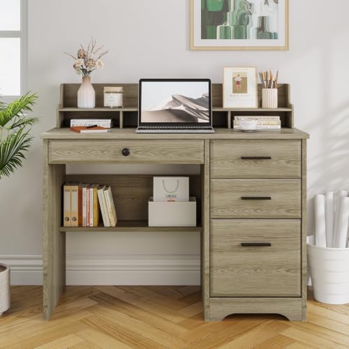 4 EVER WINNER Computer Desk with Drawers, Small Desk with Monitor Stand and File Drawer, Wood Desk with Storage, Writing Desk for Bedroom Home Offic, Grey - color: Grey