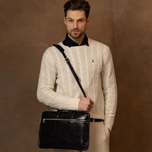 Time Resistance Slim Leather Briefcase - Italian Handmade Leather Computer Bag - Briefcase for Men and Women - Laptop Bag - color: Black