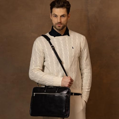Time Resistance Slim Leather Briefcase - Italian Handmade Leather Computer Bag - Briefcase for Men and Women - Laptop Bag - color: Black
