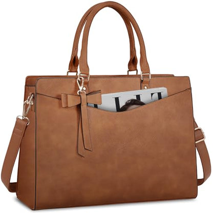 RAINSMORE Laptop Bag for Women 15.6 Inch PU Leather Laptop Tote Bag Professional Business Office Briefcase Waterproof Work Bag Computer Tote Bag Large Lightweight Handbag Shoulder Bag - color: Deep Brown